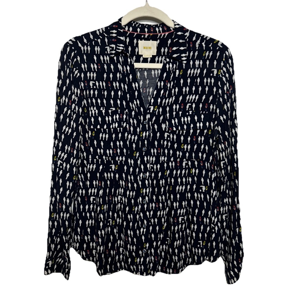 Anthropologie Maeve Button Up‎ Pleated Blouse Colorful Bird Print Size 4 EUC Y2K